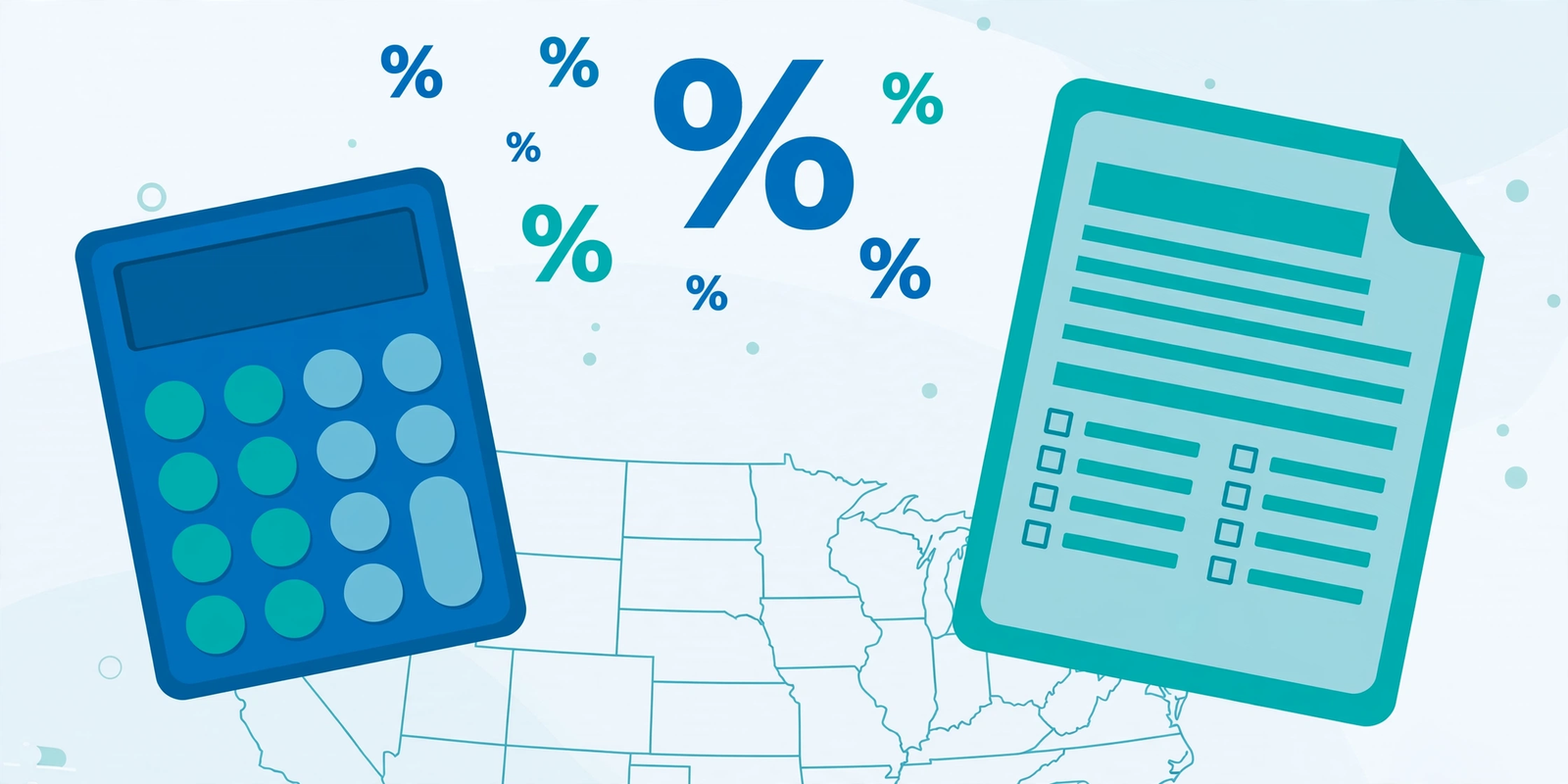 Illustration of a calculator and tax form representing state income tax rates