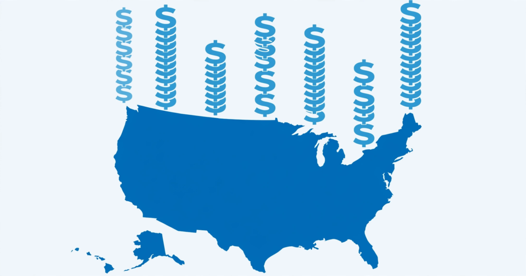 Illustration of a U.S. map with dollar signs representing state minimum wage rates
