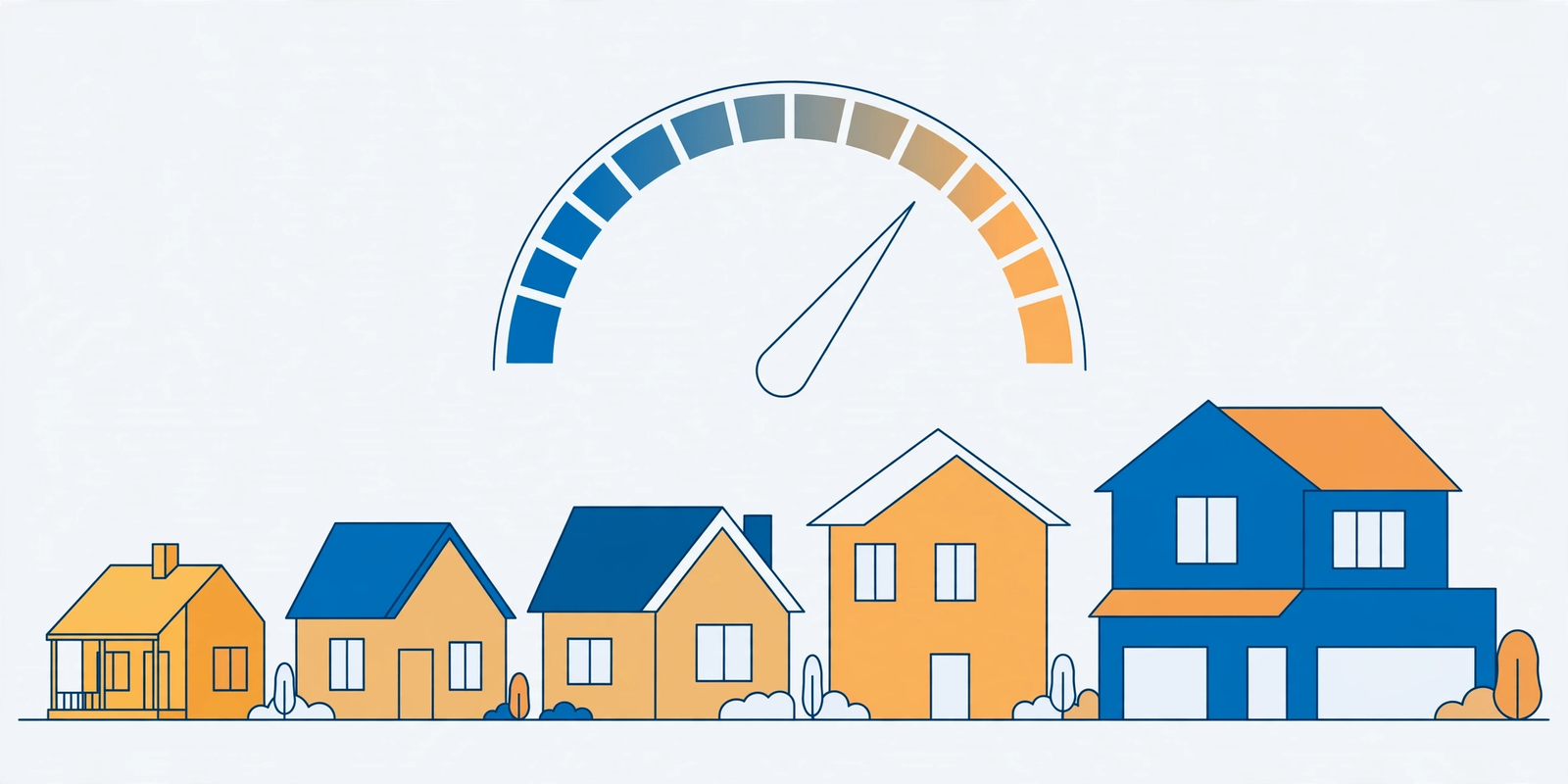 Illustration of houses with a gauge representing state property tax rates