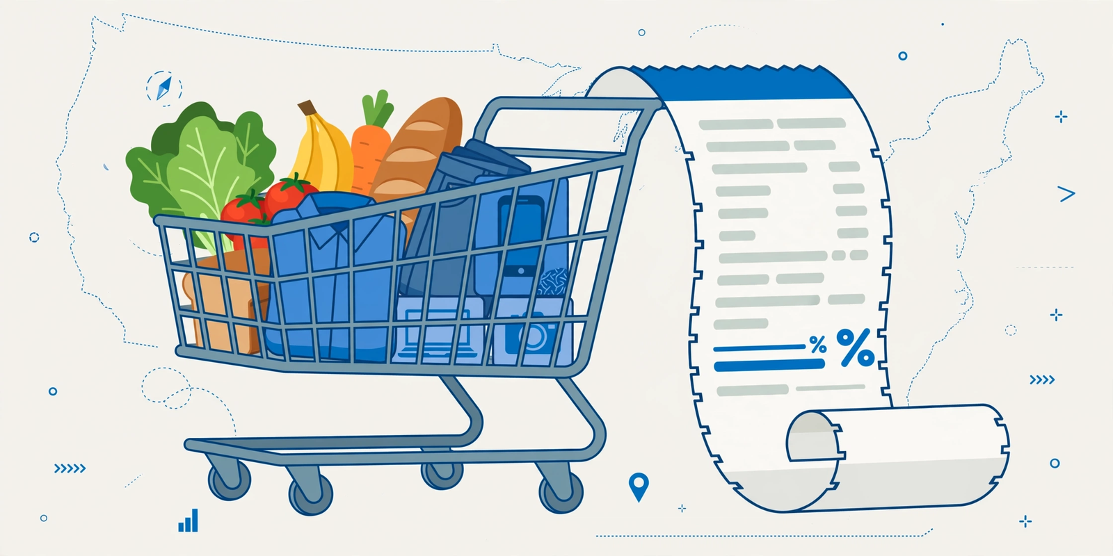 Illustration of a shopping cart and receipt representing state sales tax rates