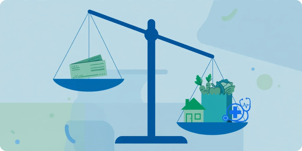 Balance scale comparing paycheck to living costs illustration