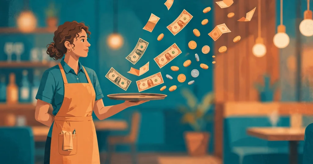 Restaurant server holding tray with tip money illustration