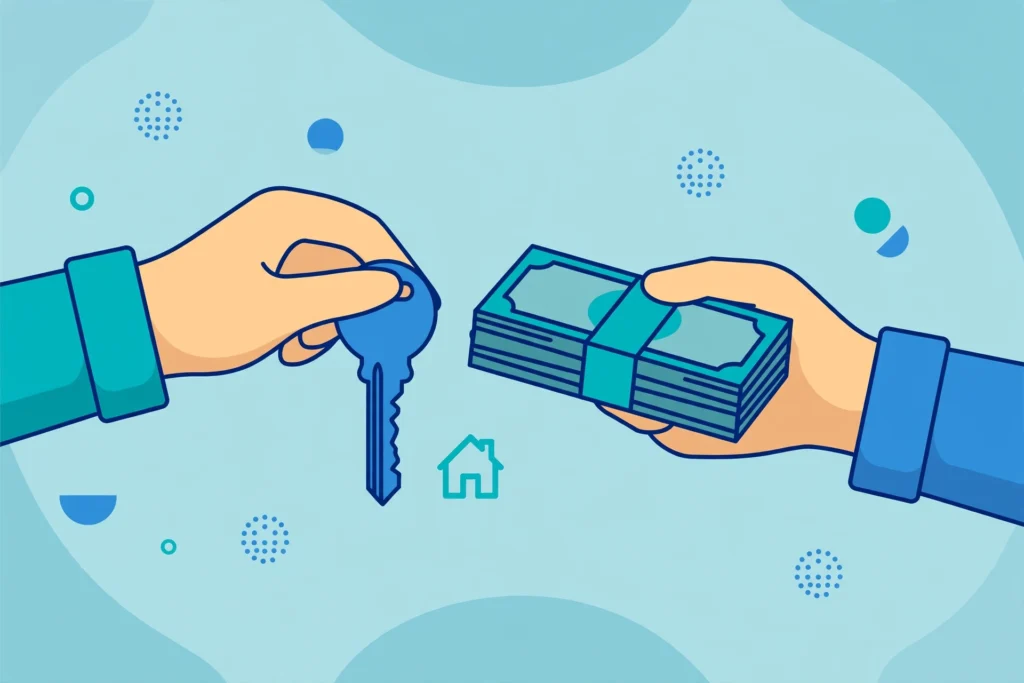 House key and dollar bills representing rental security deposit