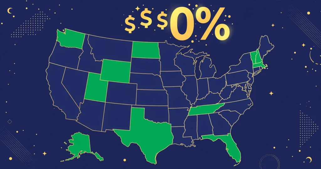 Map of 9 US states with no income tax highlighted