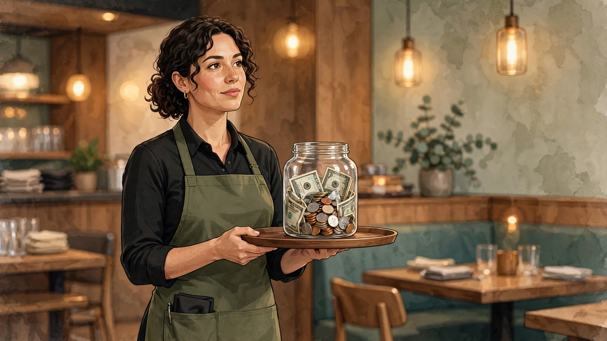 Restaurant server with tip jar illustrating tipped minimum wage by state